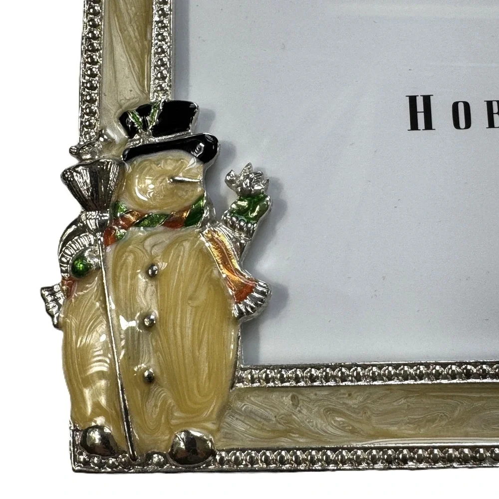 Hobby Lobby Snowman Enamel Picture Frame Silver Tone 4x6 Winter Holiday Decor
